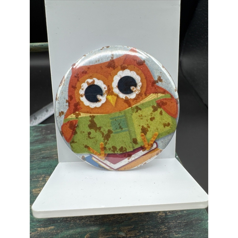 Vintage Owl Reading A Book Button Pinback Colorful Artistic Boho Y2K